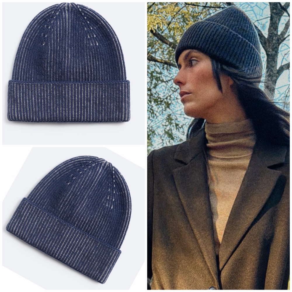Zara rib knit beanie hat navy blue, organic cotton